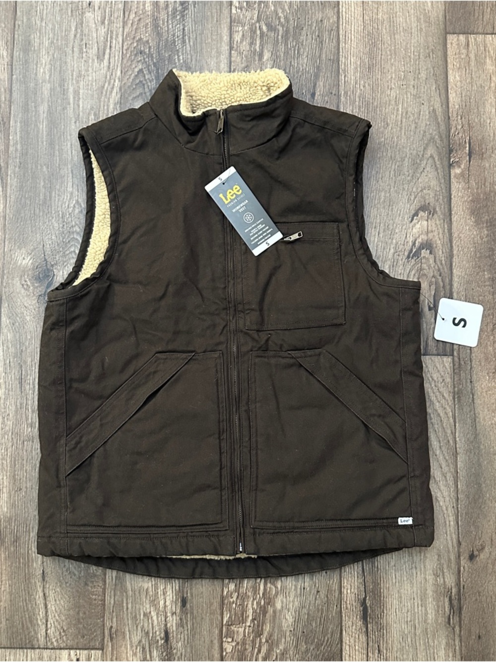 Lee Faux Sherpa Lined Full Zip Canvas Workwear Vest Men’s Size S Brown